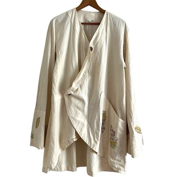 Blue Fish Hand Painted Jacket Size 1 XL Artsy Lagenlook Organic Cotton Costal - Picture 1 of 16